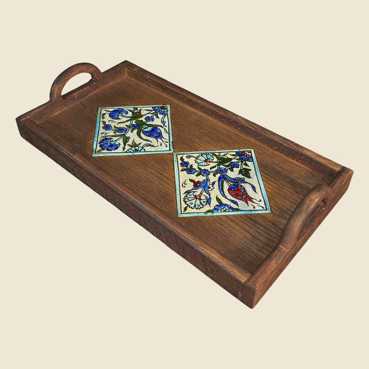 Jasmine Qishani Damascene tray in walnut wood with two hand-painted ceramic tiles and two handles