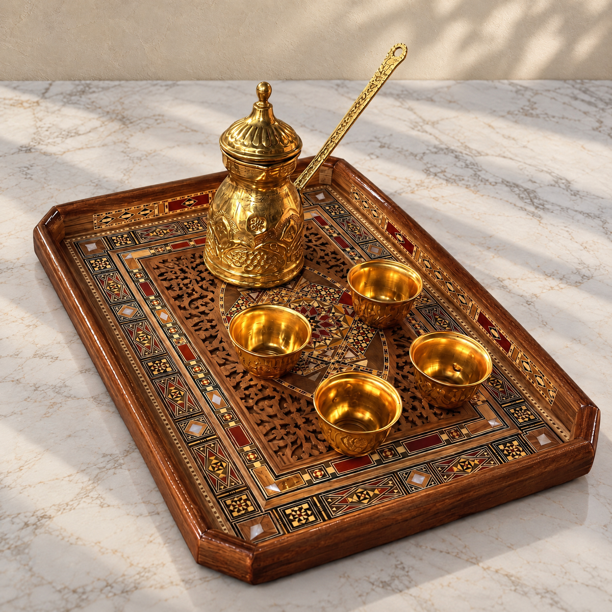 Sultana Tray on marble with a brass coffee pot and four gold cups