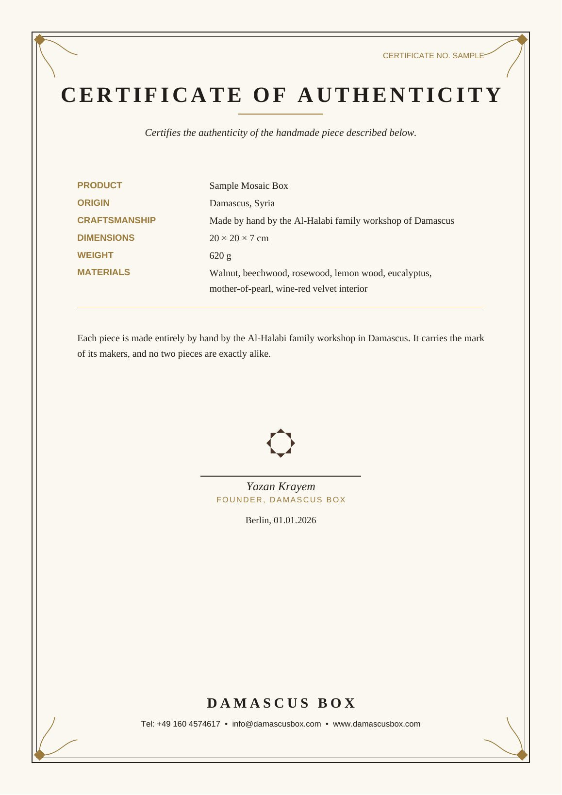 Sample certificate